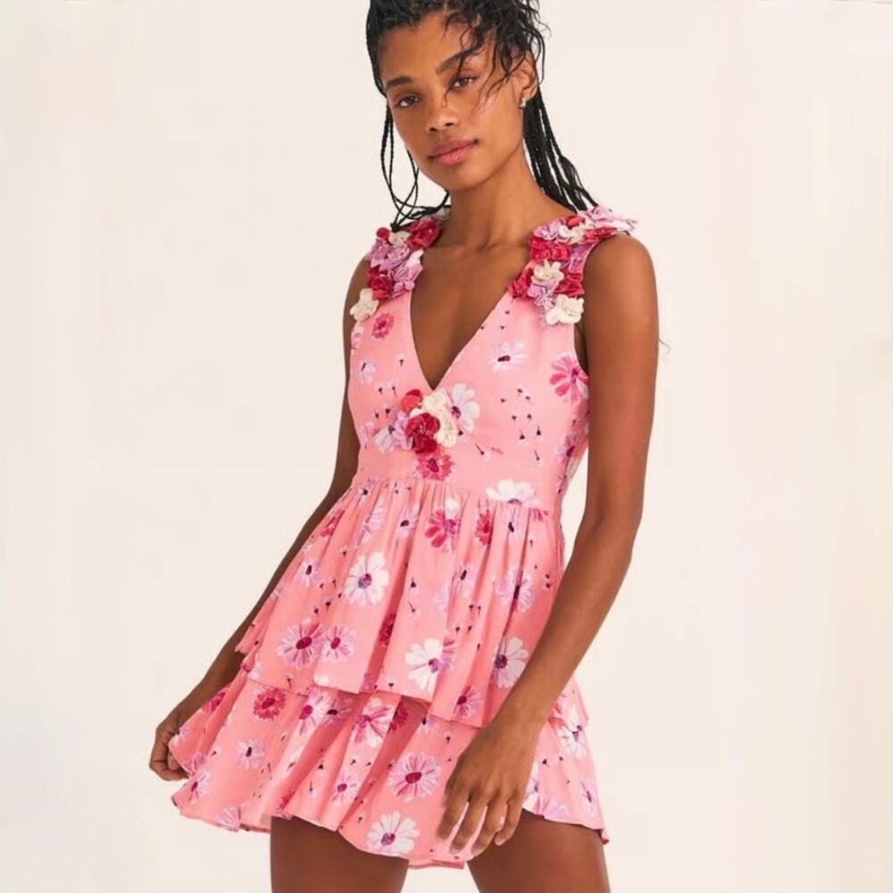 LoveShackFancy Shayna Mini Dress - Pink - Floral Appliques - Party - Size 4